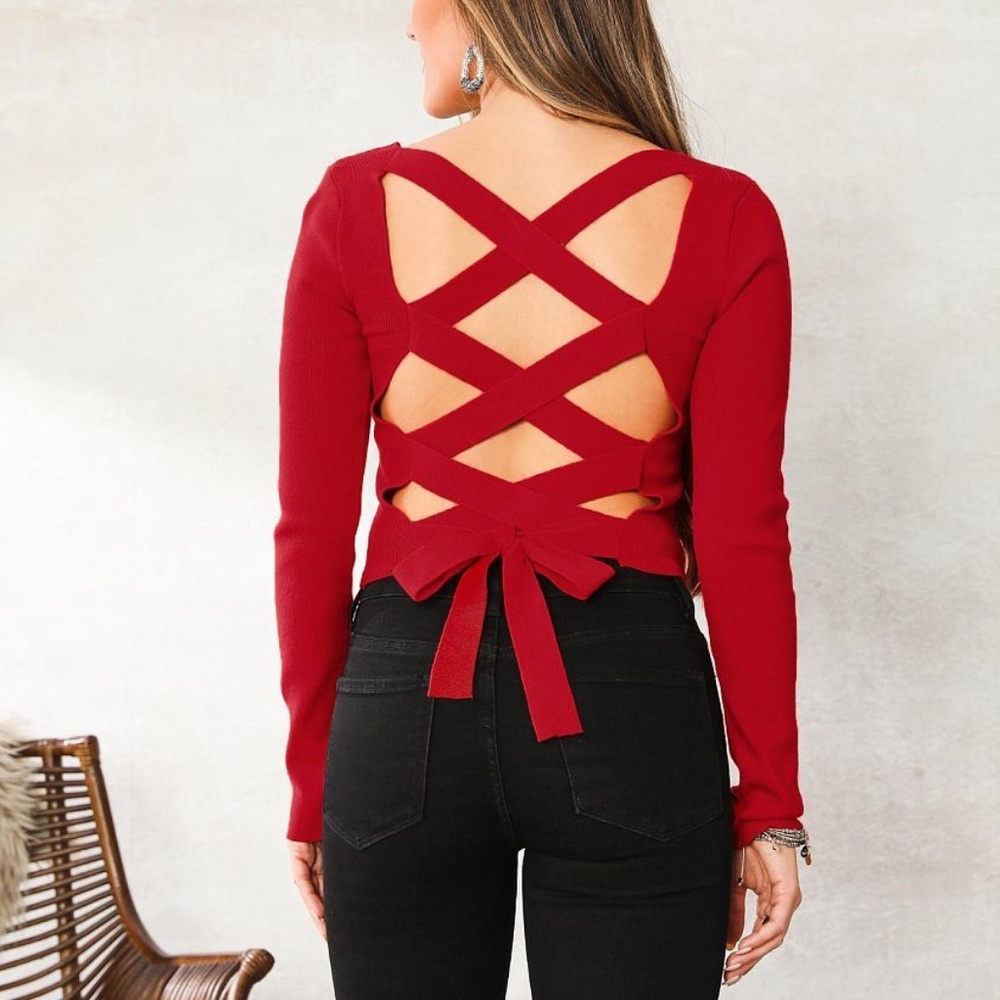 Le Lis Red Crop Long Sleeve with Lace Up Back
